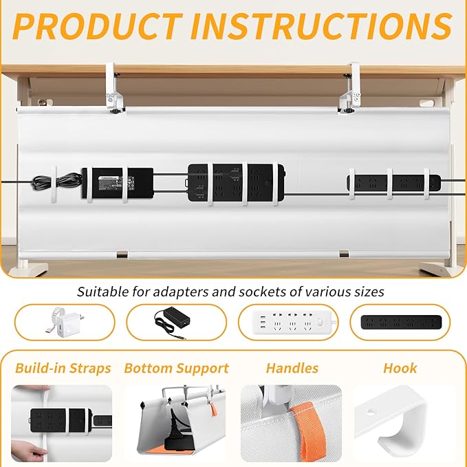 SUREUP9 No Drill Under Desk Cable Management Tray, Fabric Cable Management