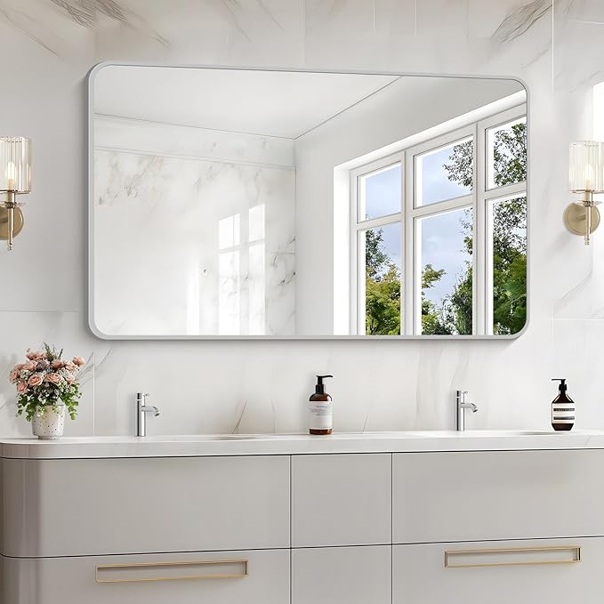 48x30 Inch Silver Bathroom Mirror, Metal Framed Silver Rectangle Mirrors