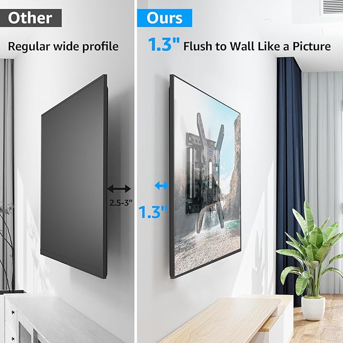 MOUNTUP Ultra Slim Full Motion TV Wall Mount, 1.3" Thin Low Profile TV B...