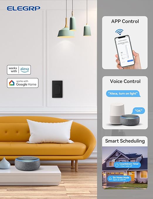 ELEGRP Smart Dimmer Light Switch DPR10, 2.4GHz Wi-Fi Dimmer Switch Compatible...