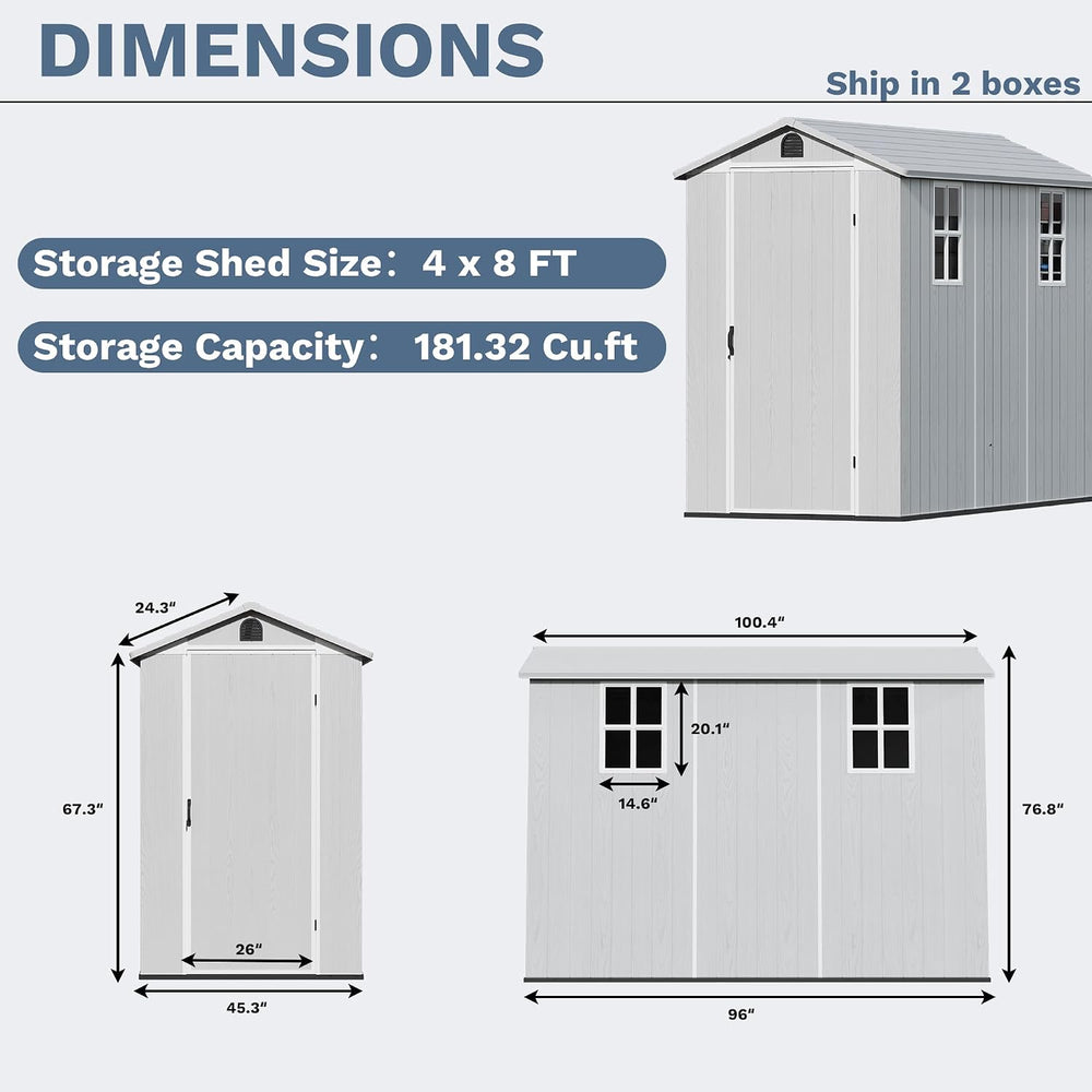Devoko 4×8 FT Resin Outdoor Storage Shed with Floor, Light Grey