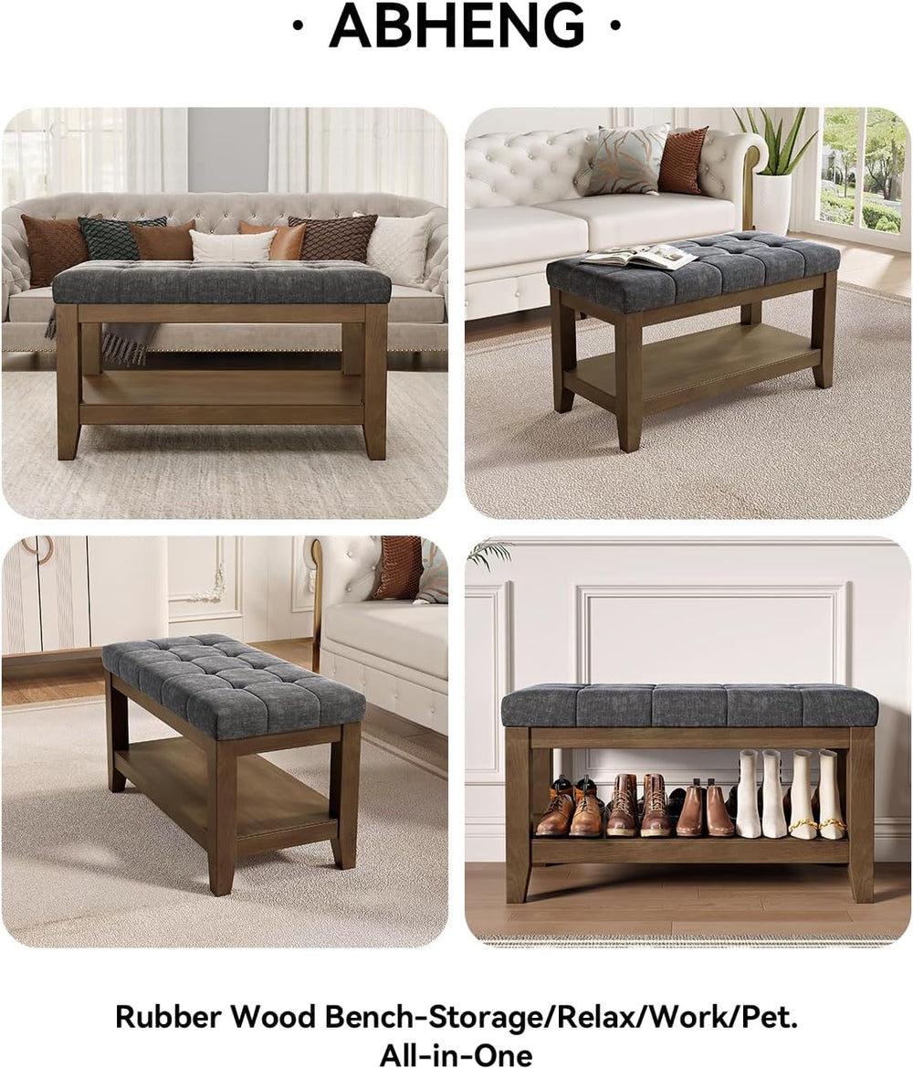 ABHENG Solid Rubber Wood Shoe Bench, Soft Chenille Material Upholstered Seat,...