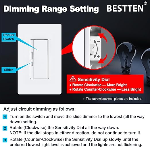 BESTTEN 6 Pack Super Slim Dimmer Light Switch, Quiet Rocker, Single Pole or 3