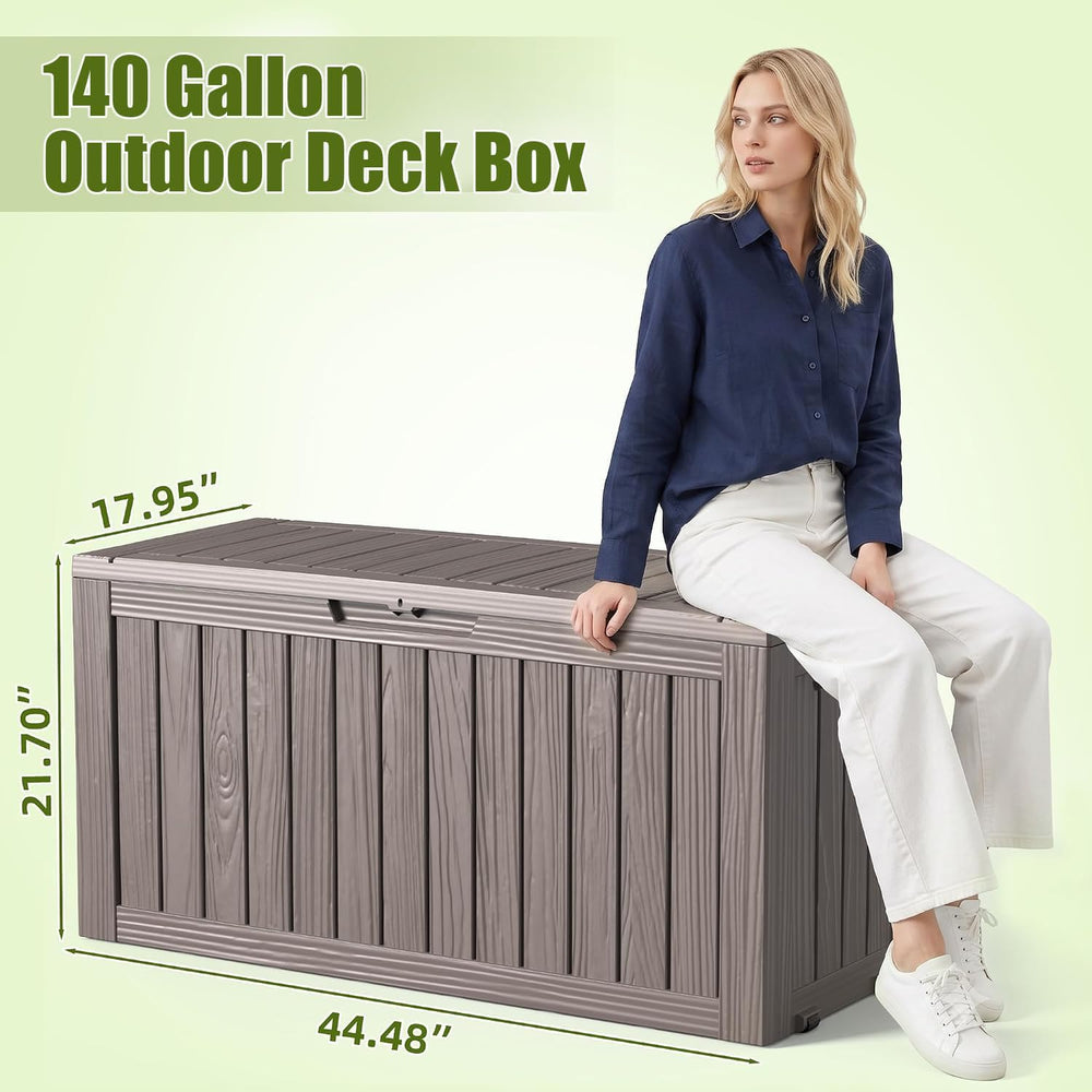 140Gal Outdoor Storage Box with Portable Wheels, Waterproof Deck Box