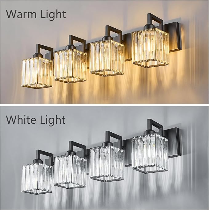 FDPBY Black Bathroom Light Fixture, 4-Light Crystal Vanity Lighting, Bathroom