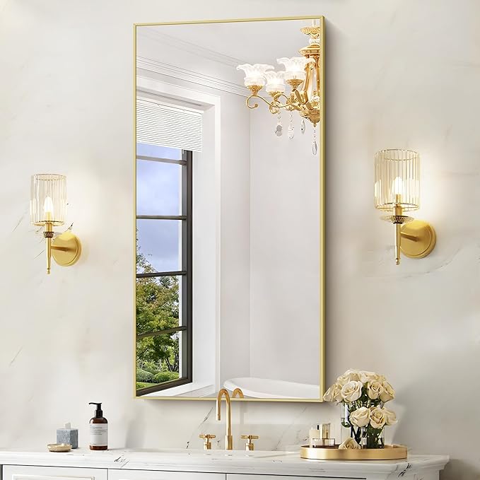 48x24In Gold Bathroom Mirror for Wall, Brushed Gold Rectangle Mirrors
