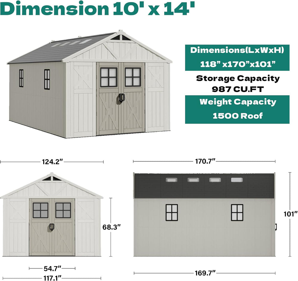 Devoko 10x14 FT Resin Outdoor Storage Shed with Floor, Beige