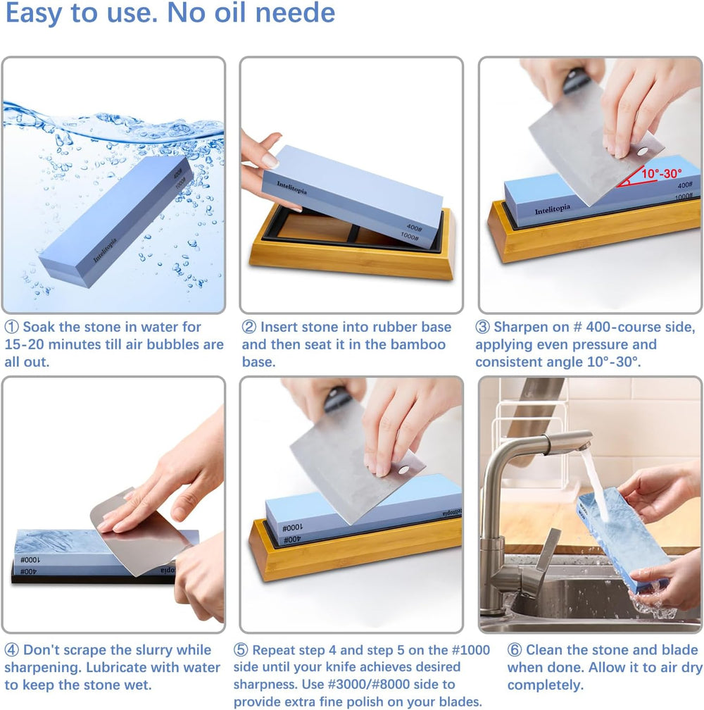 Intelitopia Complete Knife Sharpening Stone Set – Dual Grit Whetstone 400/100...
