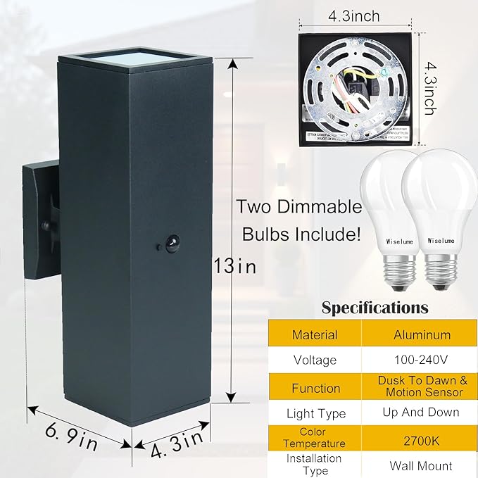 WISELUME Motion Sensor Outdoor Wall Lights, Dusk to Dawn Porch & Patio Sc...