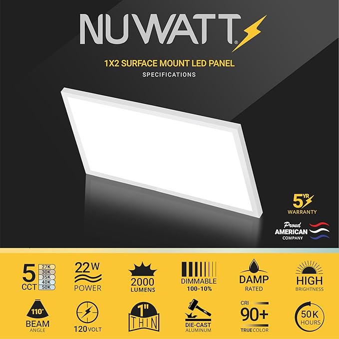 NUWATT 1x2 FT LED Flat Panel, 5CCT 2700K/3000K/3500K/4000K/5000K Selectable