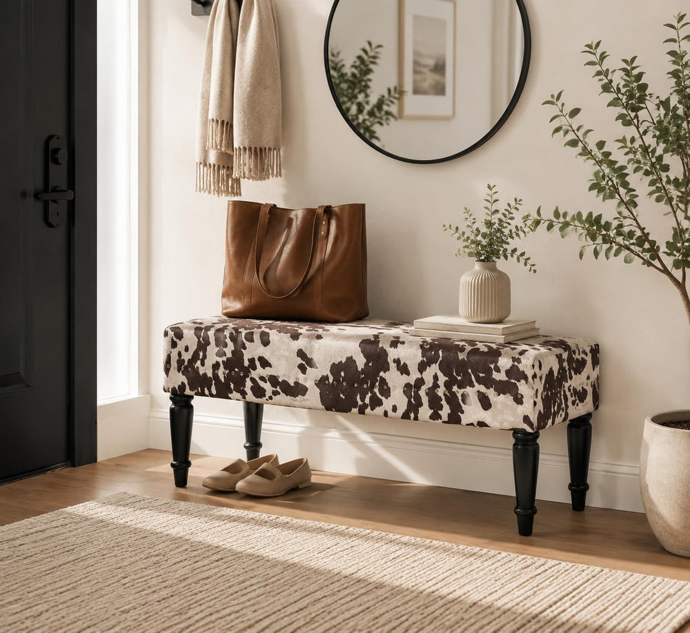 Homebeez 39.4" Cow Print Bench, Upholstered Bedroom Cowhide Bench, Weste...