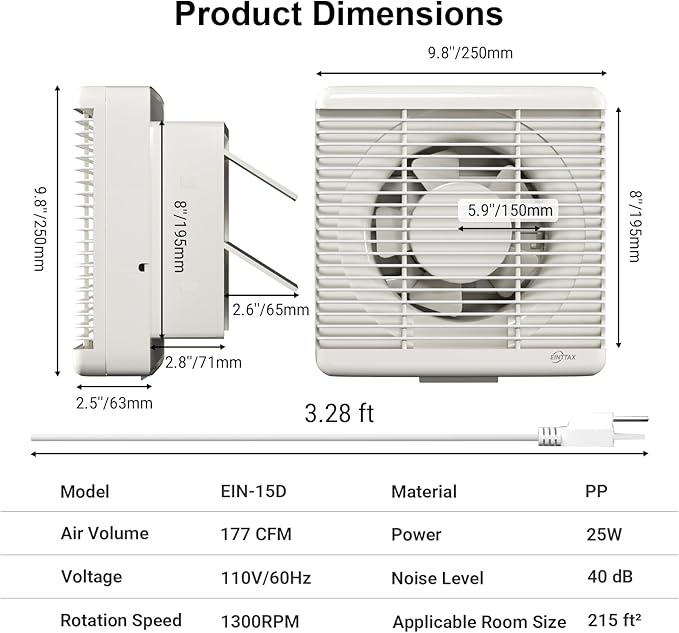 EINTTAX 8 Inch Wall Mounted Shutter Exhaust Fan