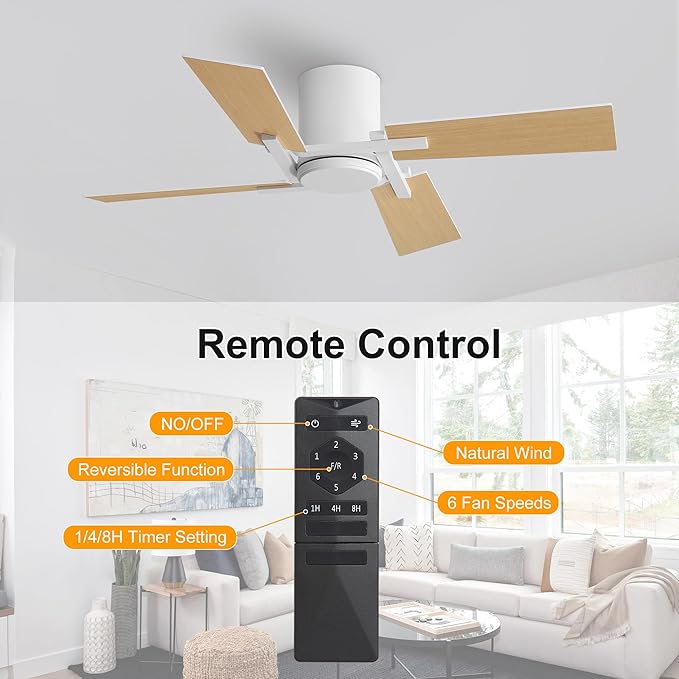 WINGBO 48 Inch Flush Mount Ceiling Fan without Light