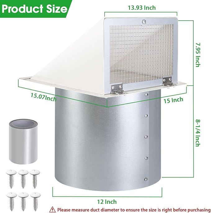 12 Inch Hooded Wall Vent with Screen and Damper, Outdoor Wall Exhaust Cover Cap