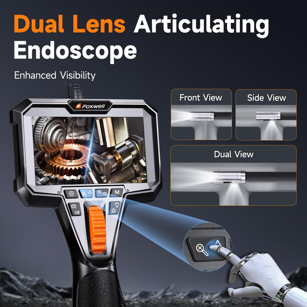 FOXWELL 2-Way 220° Articulating Borescope Camera with Light, Dual Lens