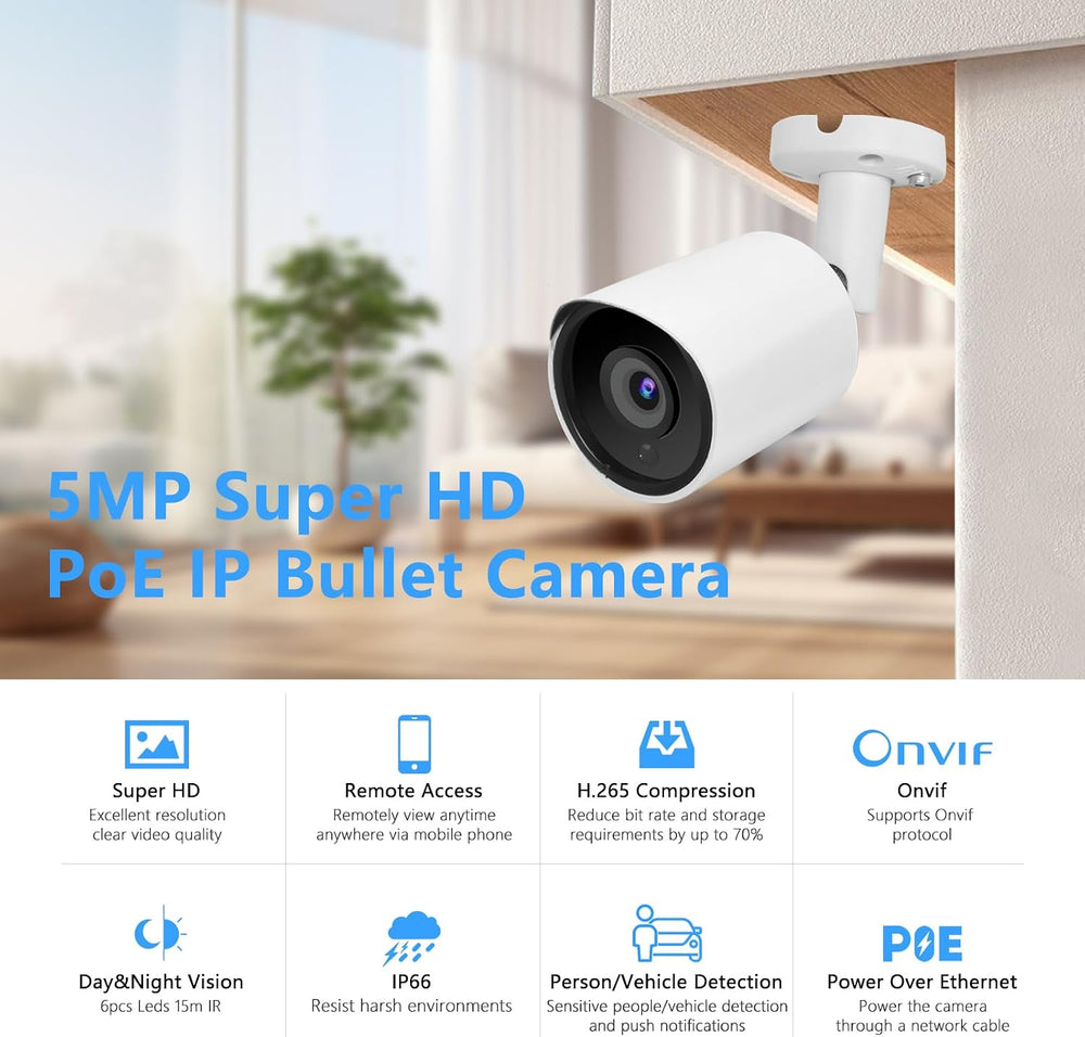 5MP PoE IP Bullet Security Camera with 2.8mm Lens (White)