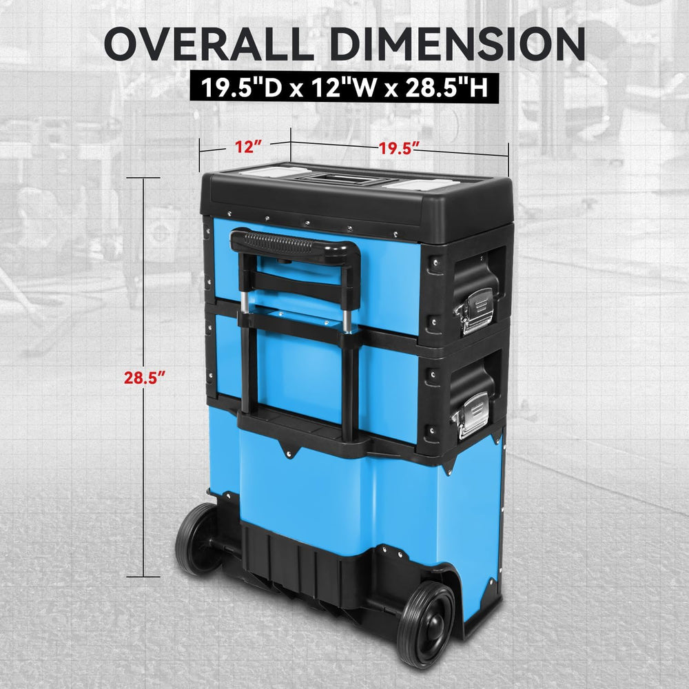 Auto Dynasty 3-Tier Rolling Trolley Tool Box Stackable w/Wheels, 19.5" Blue