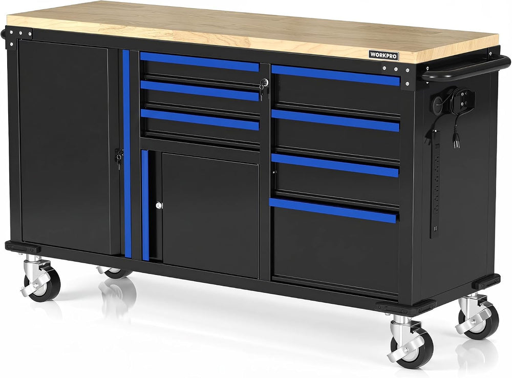 WORKPRO 62" x 20" Rolling Tool Chest, 7-Drawer & 2-Door, Blue &...