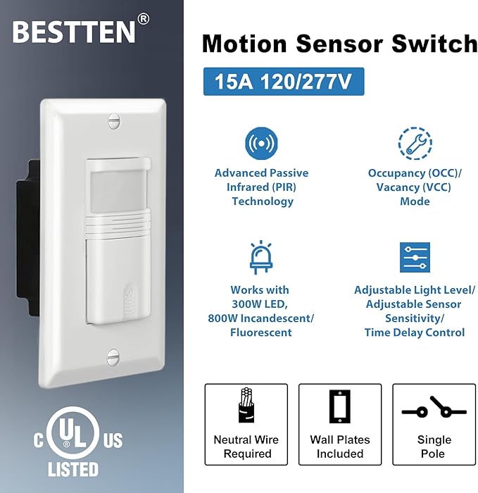 BESTTEN 5 Pack Motion Sensor Light Switch, PIR Vacancy & Occupancy, 800W ...