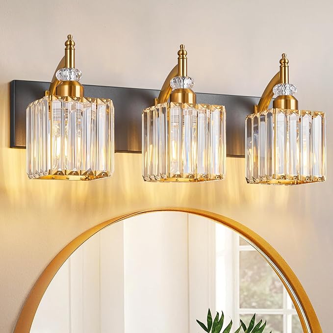 BBLLWJ Modern Bathroom Vanity Light 3-Light Black and Gold Crystal Light