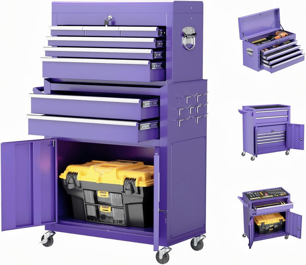 Crownland 8 Drawer Rolling Tool Chest with Wheels, Purple