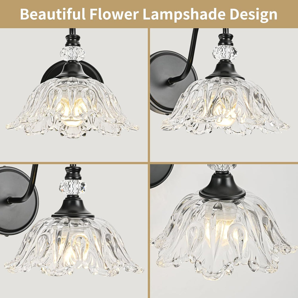 1 Piece Black Wall Sconce with Floral Clear Glass Shade, Black Farmhouse Wall...