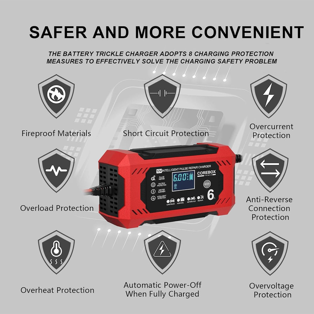 Corebox Battery Charger 6-Amp 12V Automatic Smart Battery Trickle Charger
