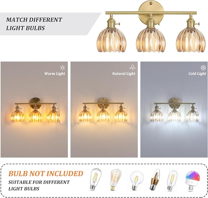 Shenmoyl Bathroom Light Fixtures, 3-Light Brass Vanity Wall Light Over Mirror