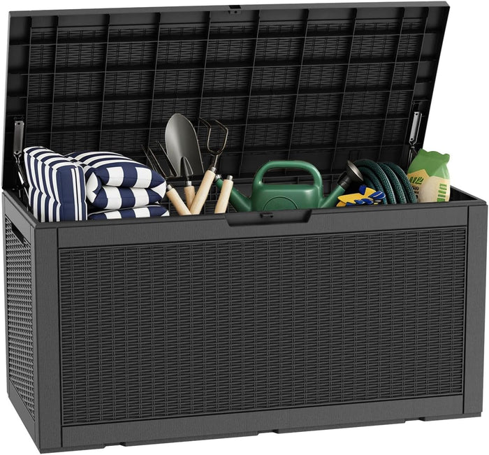100 Gallon Deck Box, Waterproof Resin Rattan Outdoor Storage Box Lockable for Patio Furniture, Fade Resistant Patio Side Table & Organizer for Garden Tools, Pool Float, Outdoor Cushions, Black