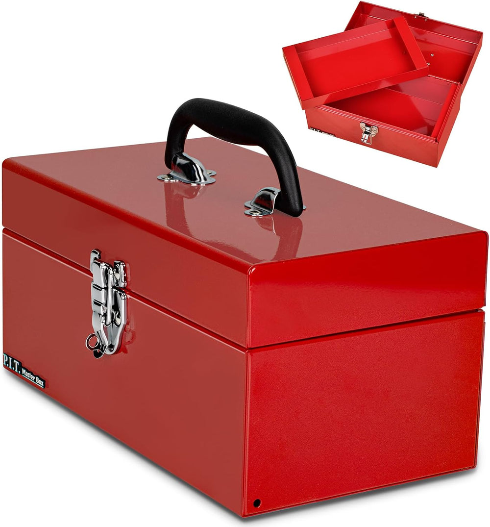 P.I.T. Metal Tool Box 12 Inch,Portable Small Toolbox with Latch,Red