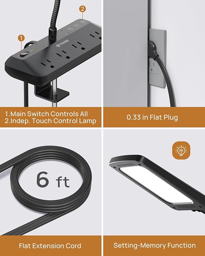 TROND LED Desk Lamp with Clamp Power Strip