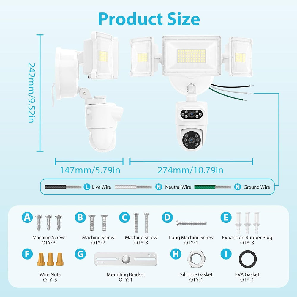 Olafus 360° Dual-Lens Floodlight Camera, Auto Tracking – 2K, 5500LM