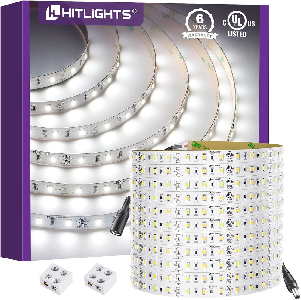 HitLights White LED Strip Lights 5000K 24V, 26.2ft Cuttable Tape Backed 3oz PCB