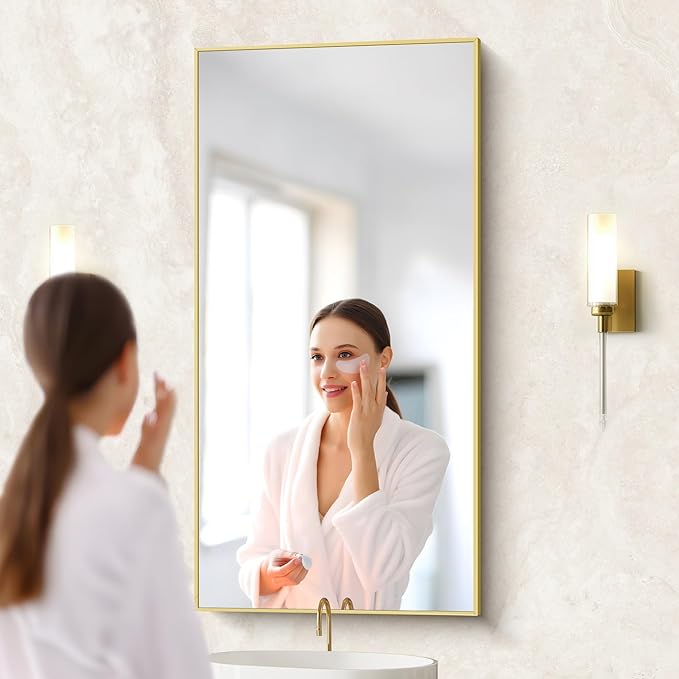 48x24In Gold Bathroom Mirror for Wall, Brushed Gold Rectangle Mirrors