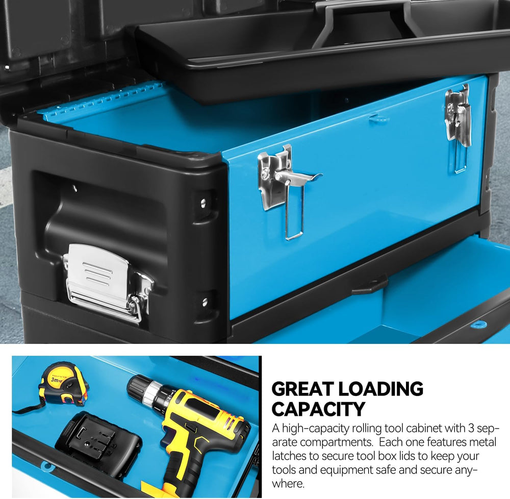 Auto Dynasty 3-Tier Rolling Trolley Tool Box Stackable w/Wheels, 19.5" Blue