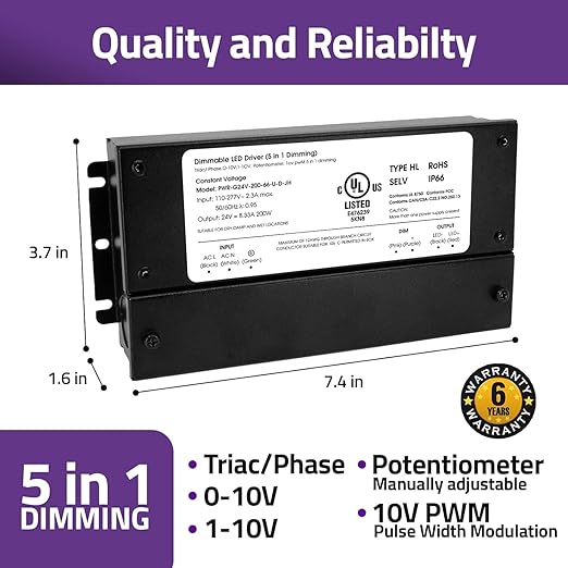 HitLights 200W Dimmable LED Driver, Electronic Transformer, 120V AC to 24V DC