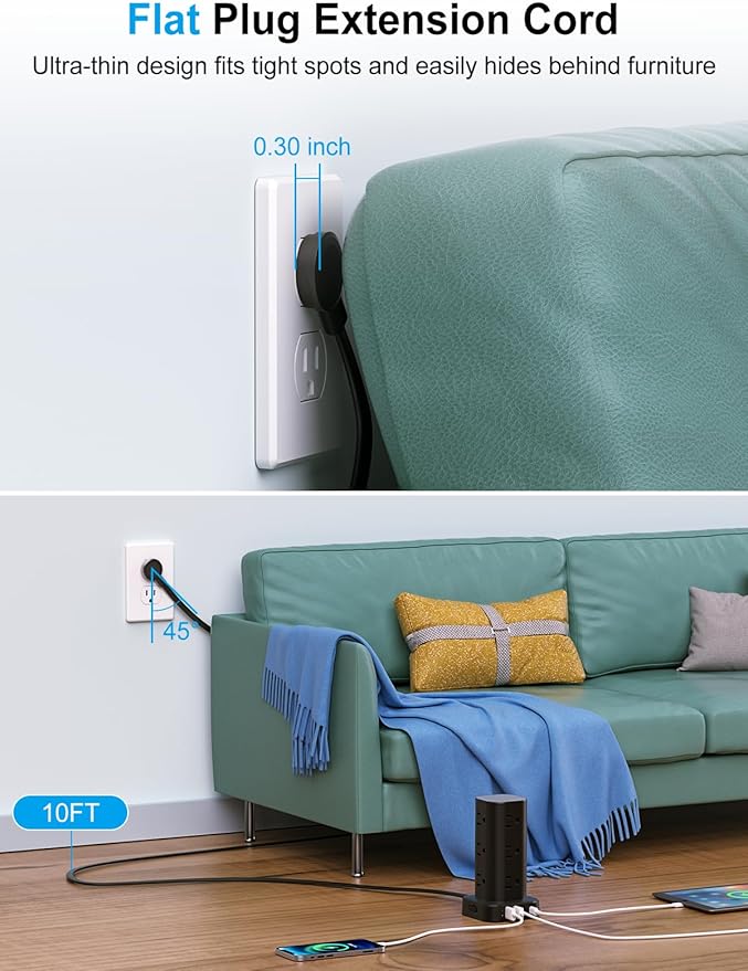 Power Strip with Wireless Charger, Flat Plug Surge Protector with 6FT Extension
