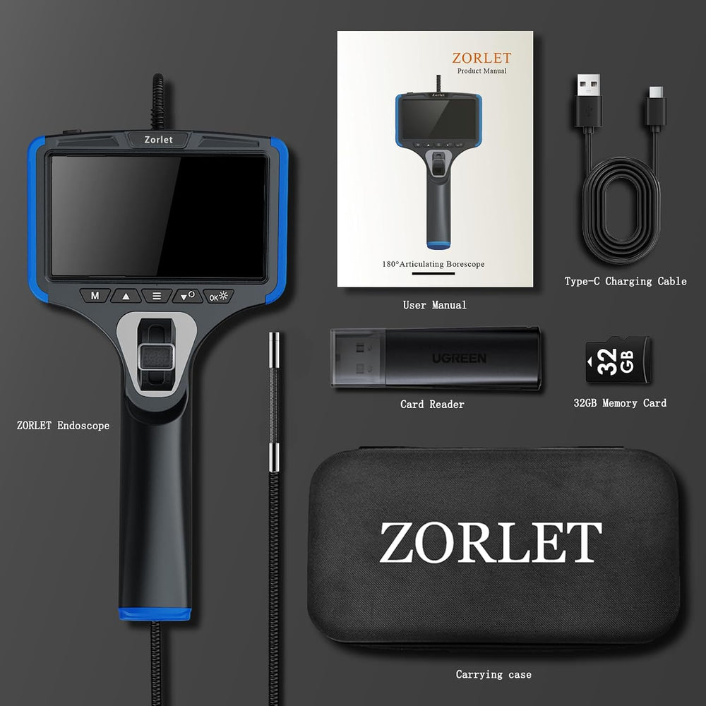 2-Way Articulating Borescope, 0.25in/6.3mm Probe, 5" Screen, 5FT