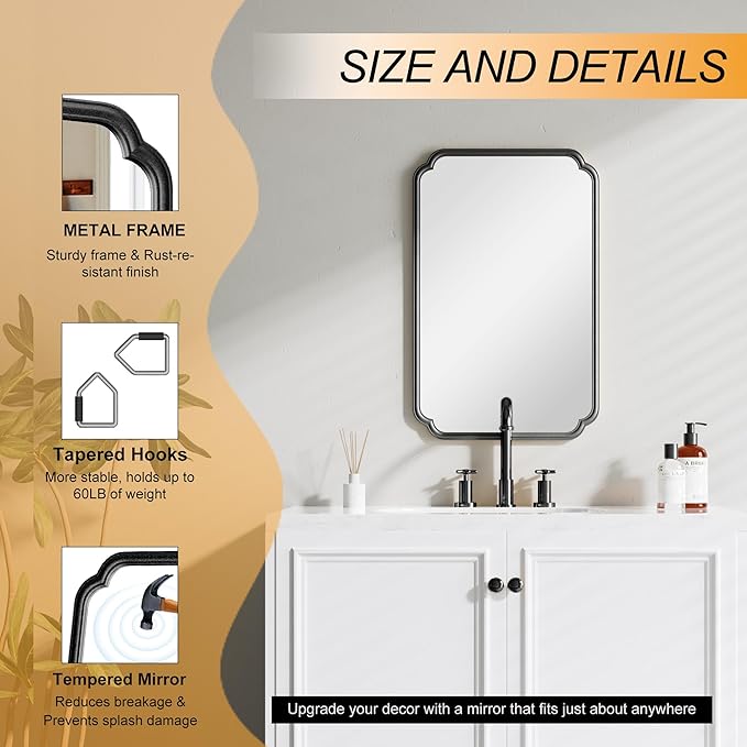 22x34 Inch Black Bathroom Mirror, Metal Framed Wall Mirror