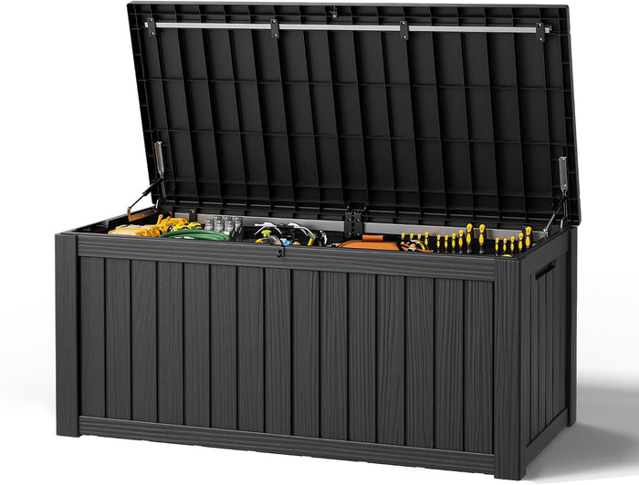 Outdoor Deck Storage Box,Resin Deck Boxes Indoor and outdoor, Waterproof Storage Box Lockable Lid(Black,150 Gallon)