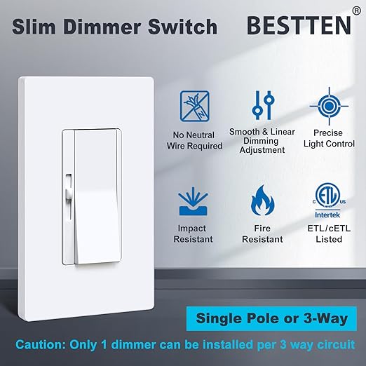 BESTTEN 6 Pack Super Slim Dimmer Light Switch, Quiet Rocker, Single Pole or 3