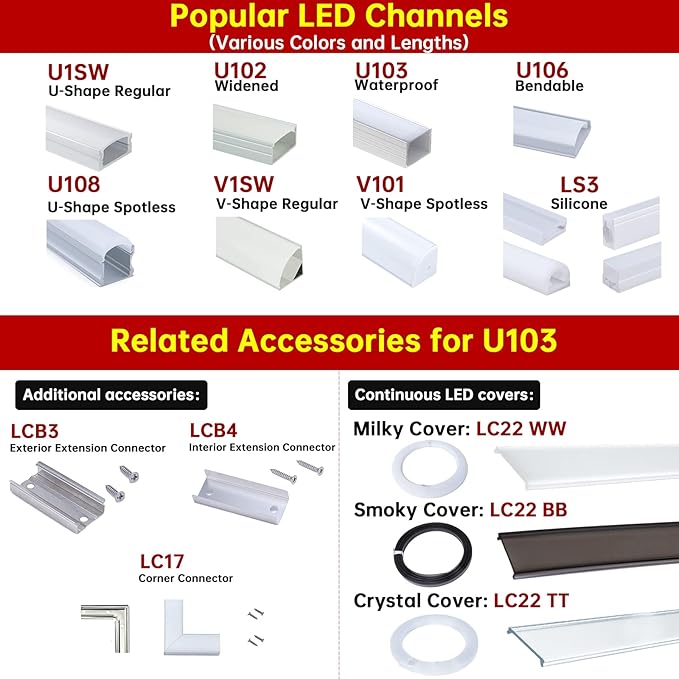 Muzata 10Pack 6.6FT/2M Plus-Size Spotless LED Channel Black LED Strip Diffuser