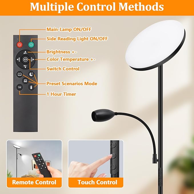 LED Torchiere Floor Lamp with Gooseneck Reading Light, Remote Control Standing