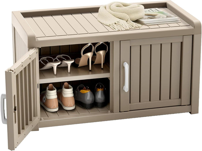 ROJIK Shoe Cabinet Waterproof UV-Resistant,Storage Bench Indoor Outdoor with Adjustable Shelves,for Entryway Bedroom,Hallway,Living Room(Double Door,Grey)