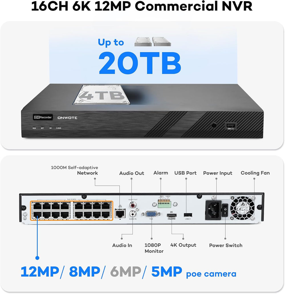 ONWOTE 16 Channel Security Camera System, 12MP NVR, 16x 6MP PoE IP Cameras