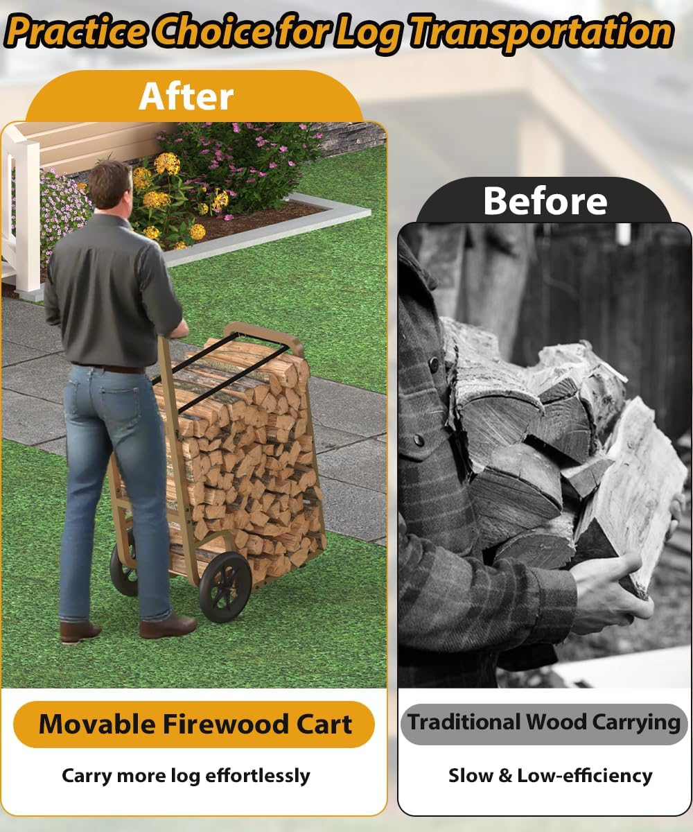 Easy-Assembly Firewood Cart, Rolling Log Carrier for Outdoor & Indoor Use...