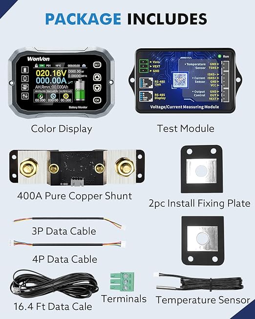 WonVon Battery Monitor with Shunt 400A 0V-120V Battery Monitor