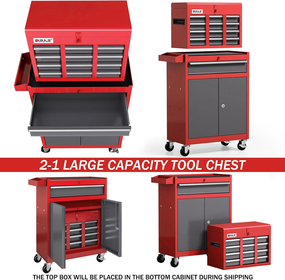AIRAJ Tool Chest 7-Drawers, 40'' H Rolling Tool Chest with Wheels, Red