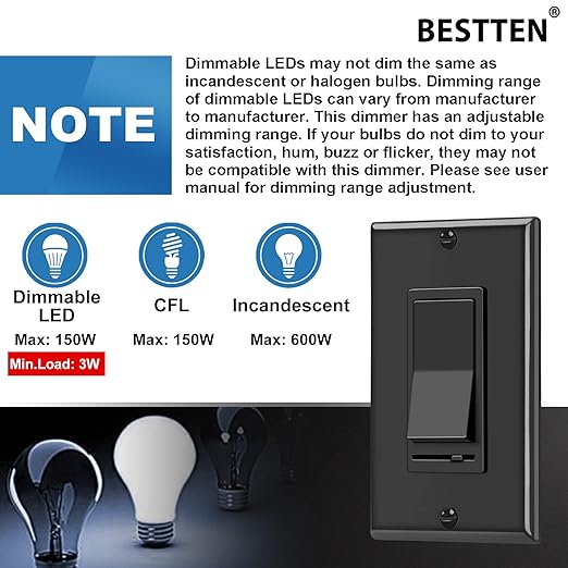 BESTTEN 6 Pack Dimmer Wall Light Switch, Compatible