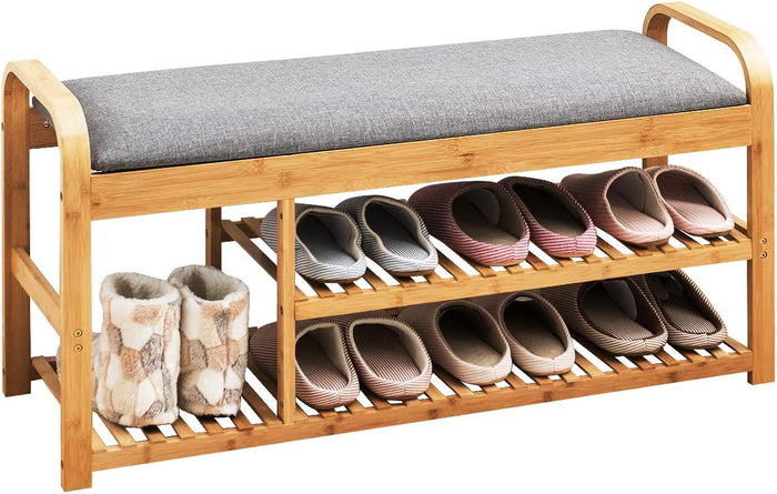 Tangkula Bamboo Entryway Shoe Bench, 3 Tier Sturdy Shoe Rack with Flip Top Storage Space and Padded Cushion, Compact Shoes Organizer Holds up to 330lbs for Hallway, Bedroom, Living Room (3 Tier)